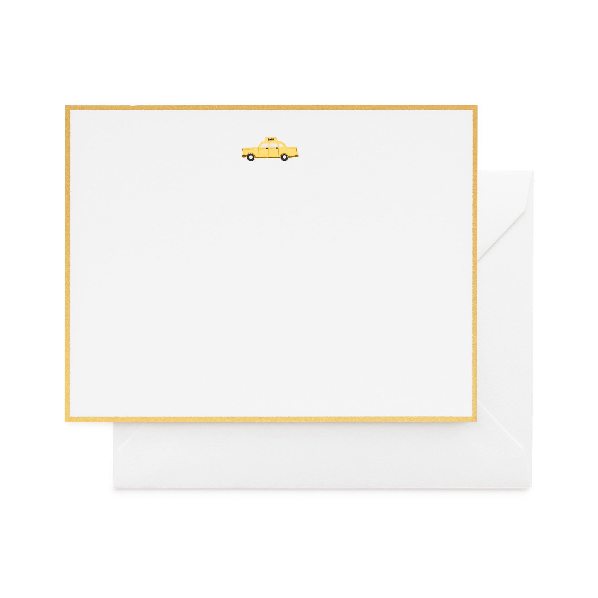 set of white cards with gold hand painted border with a yellow and black printed new york tax with white envelopes