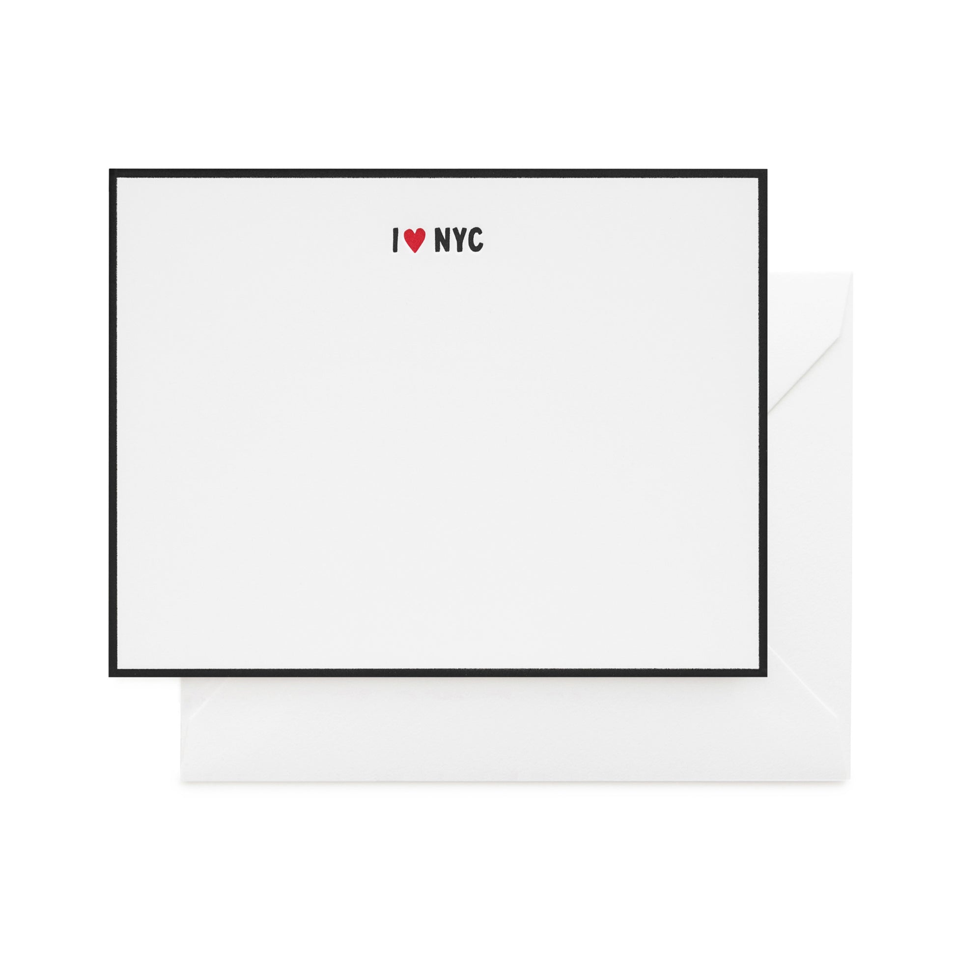 Black bordered card with black and red letterpress printed 'i heart nyc' with a white envelope