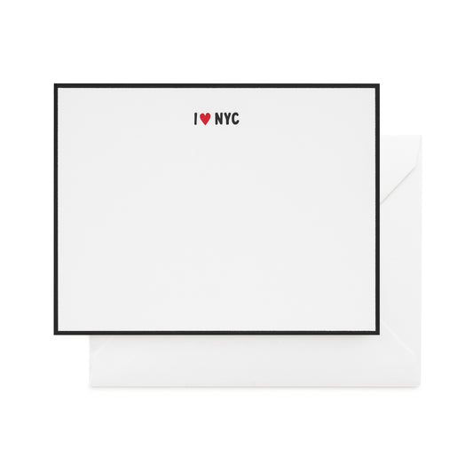 Black bordered card with black and red letterpress printed 'i heart nyc' with a white envelope