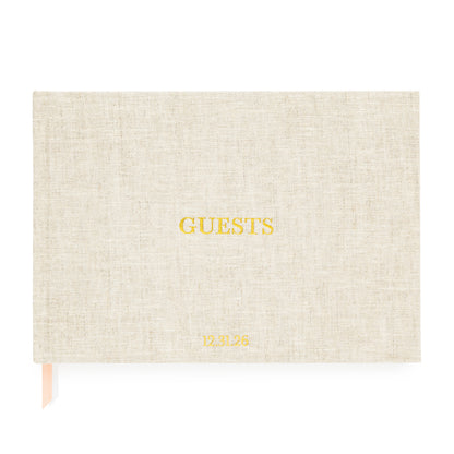Flax Guest Book with our holiday Guests foil stamped on cover and date monogram