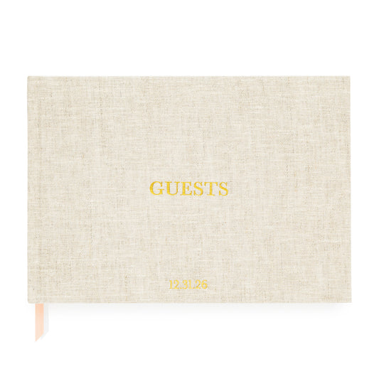 Flax Guest Book with our holiday Guests foil stamped on cover and date monogram
