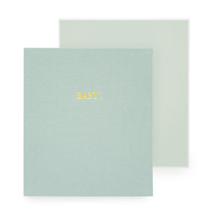 Mist Green Baby book with gold foil 'baby' paired with a coordinating green storage box