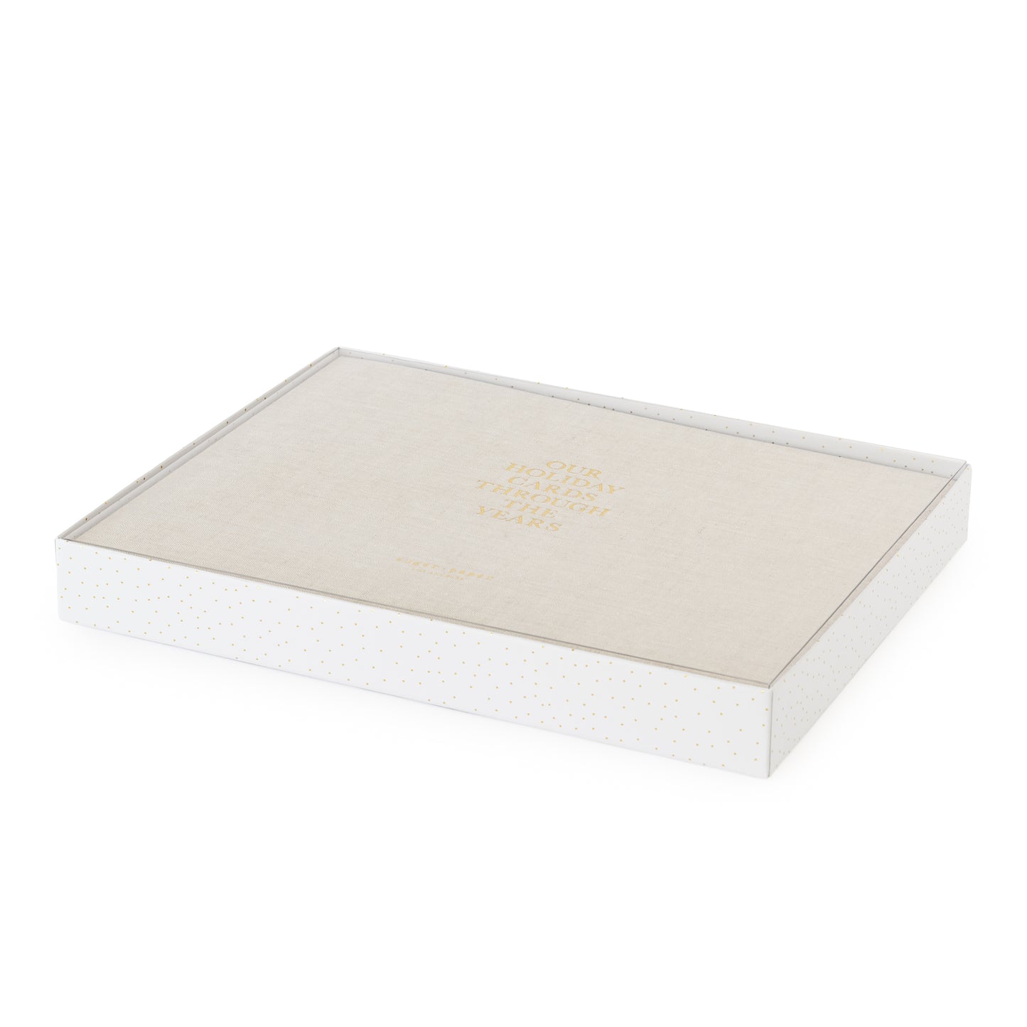 Flax linen holiday card book in box with gold dot base and clear cover