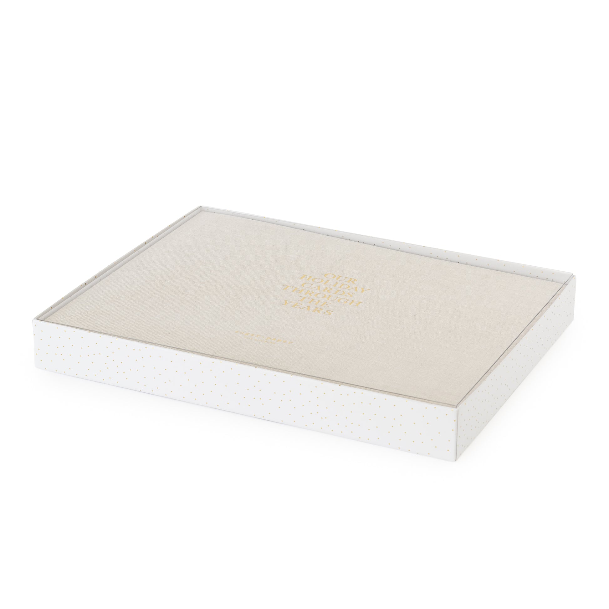 Flax linen holiday card book in box with gold dot base and clear cover