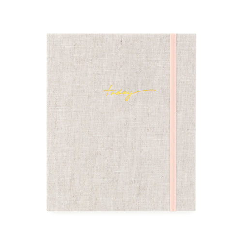 Flax mindful journal cover with gold foil today on cover and pink elastic