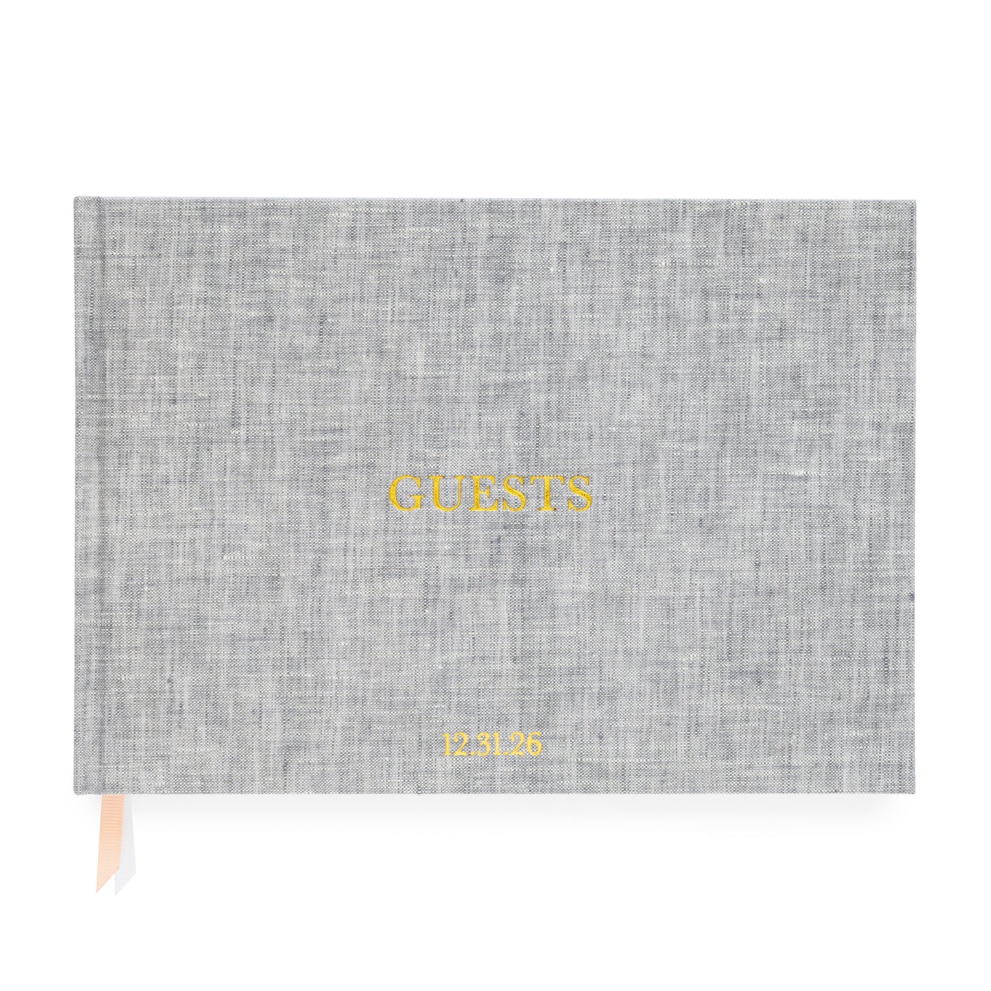 Heather Grey Guest Book with Guests stamped on cover and date monogram