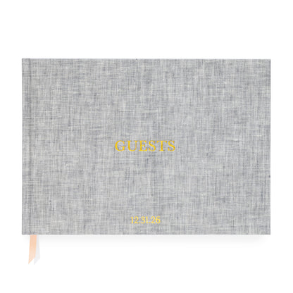 Heather Grey Guest Book with Guests stamped on cover and date monogram