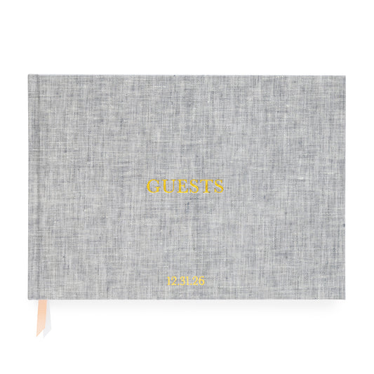 Heather Grey Guest Book with Guests stamped on cover and date monogram