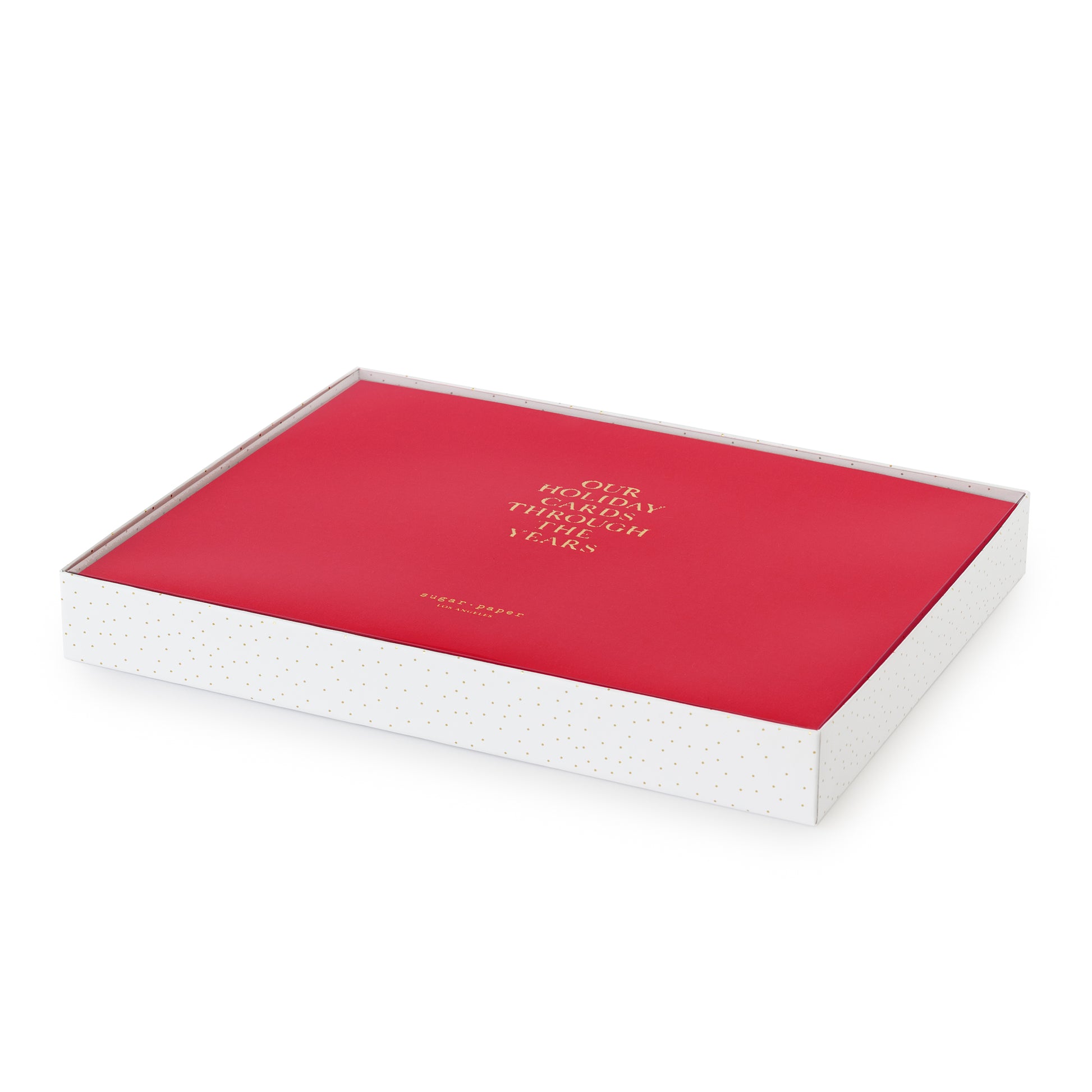 Red holiday card book in box with gold dot base and clear cover