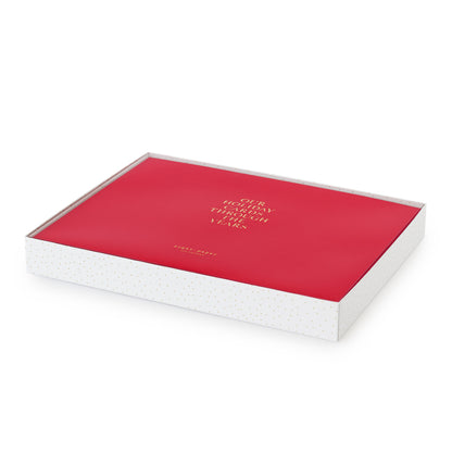 Red holiday card book in box with gold dot base and clear cover