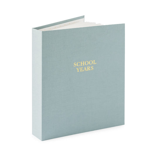 harbor blue fabric school years book open showing pages and foil stamped with school years in gold on cover