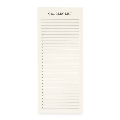 A beige grocery list pad with the title 'GROCERY LIST' at the top, followed by lines to write down your list of items, designed to be attached to a fridge with a magnet.