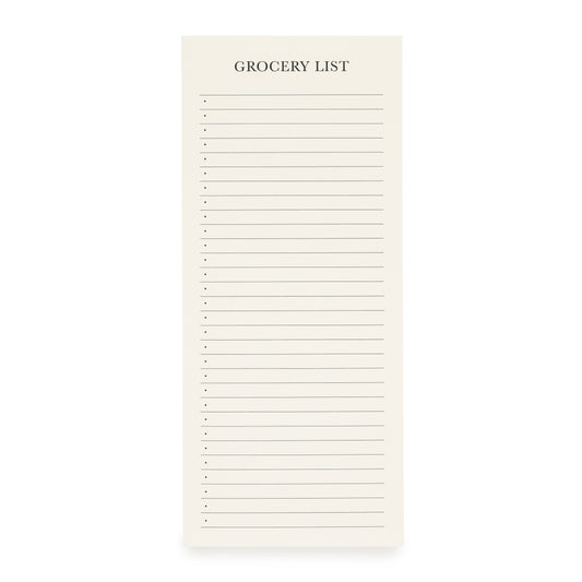 A beige grocery list pad with the title 'GROCERY LIST' at the top, followed by lines to write down your list of items, designed to be attached to a fridge with a magnet.
