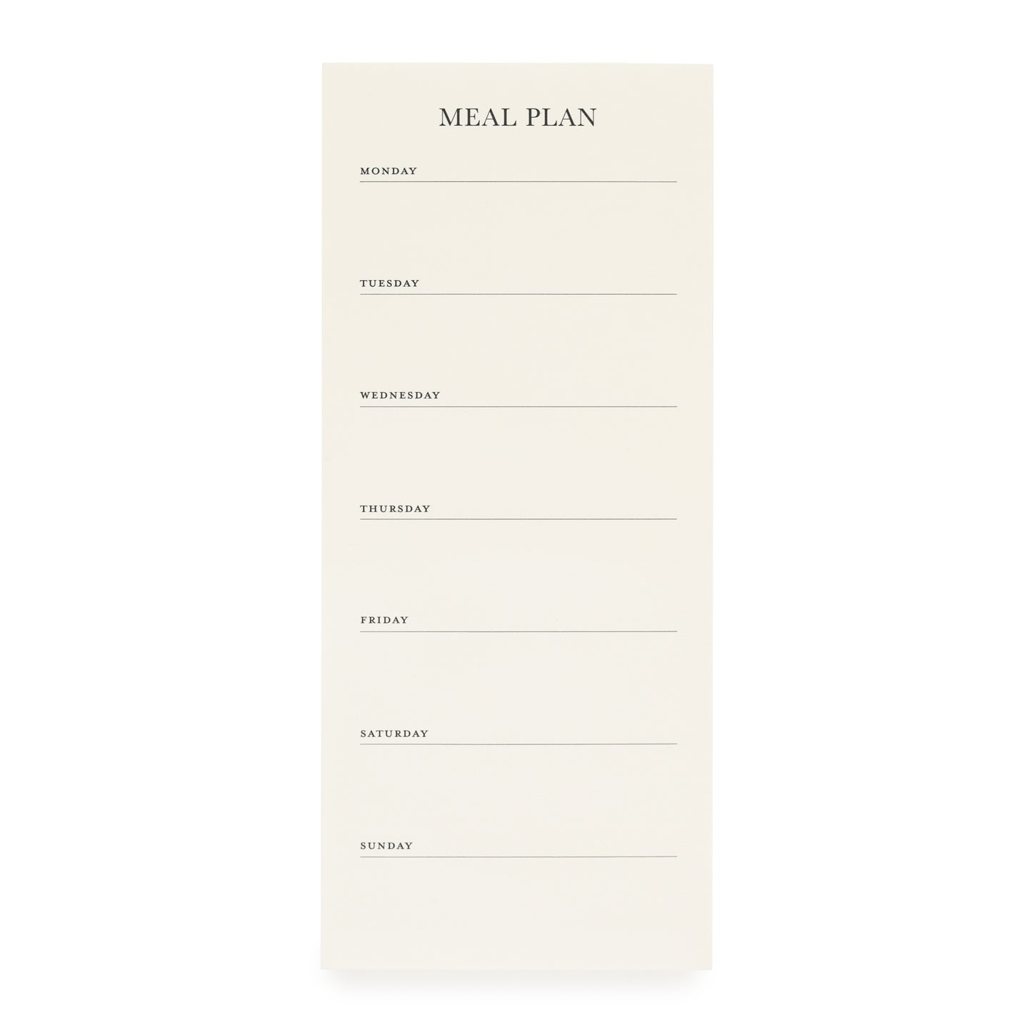 A beige meal plan pad with the title 'MEAL PLAN' at the top, followed by lines for each day of the week, designed to be attached to a fridge with a magnet.