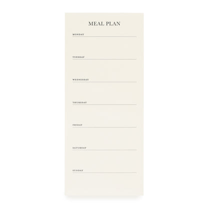 A beige meal plan pad with the title 'MEAL PLAN' at the top, followed by lines for each day of the week, designed to be attached to a fridge with a magnet.