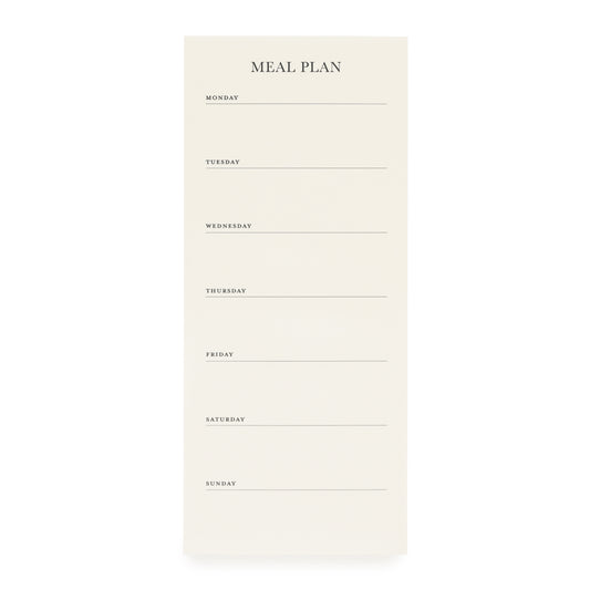 A beige meal plan pad with the title 'MEAL PLAN' at the top, followed by lines for each day of the week, designed to be attached to a fridge with a magnet.