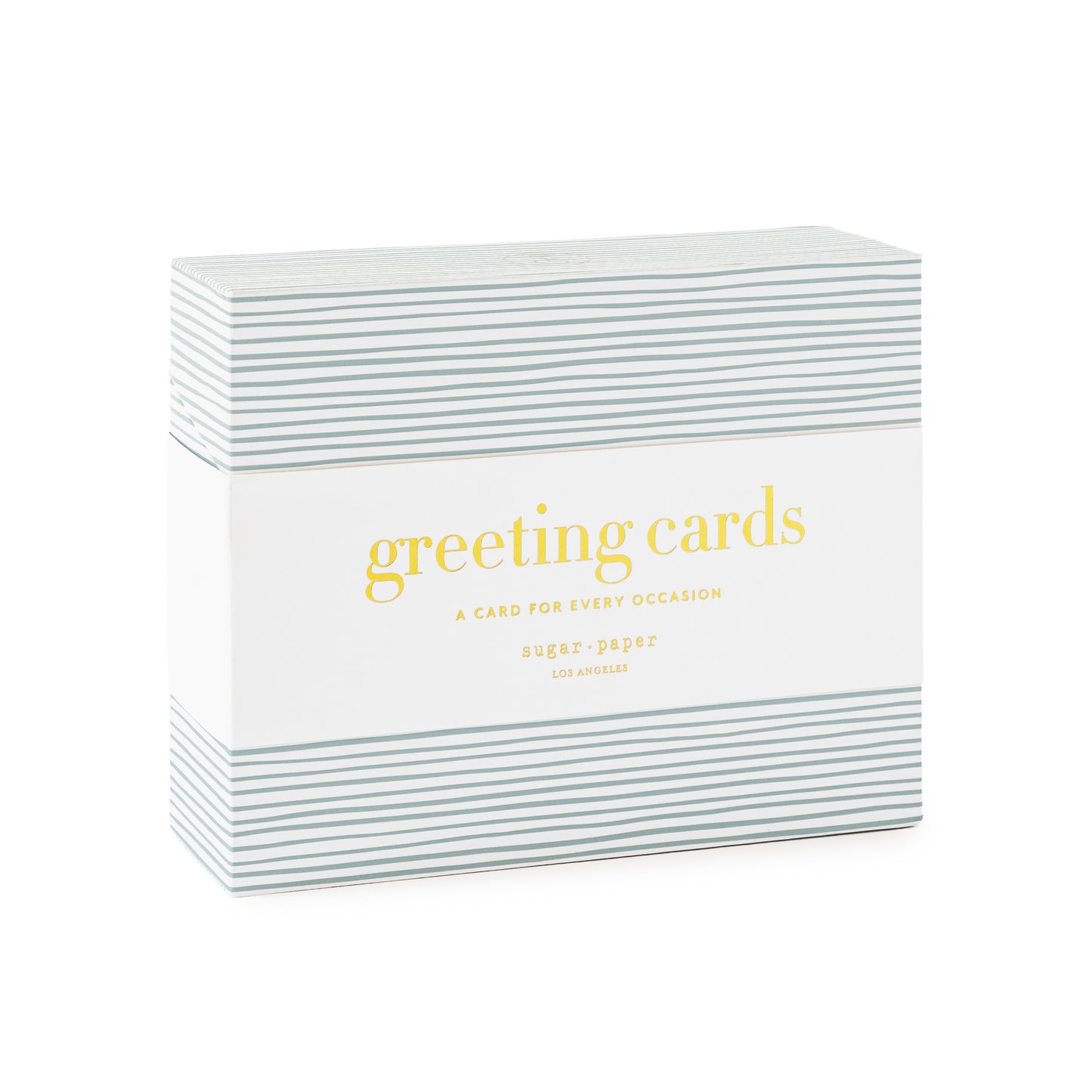 Box of assorted greeting cards - blue striped box with white band printed with 'greeting cards a card for every occasion'