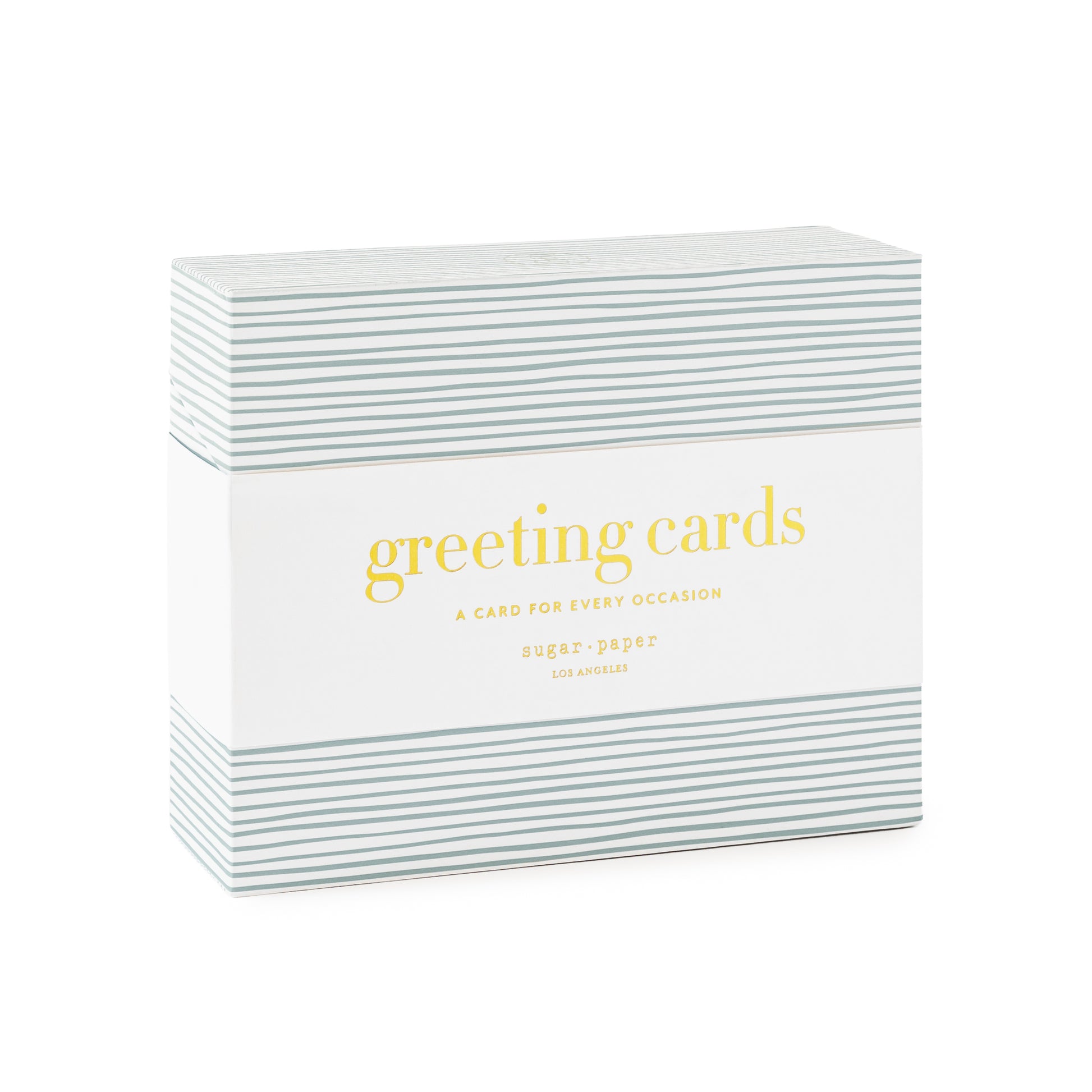 Box of assorted greeting cards - blue striped box with white band printed with 'greeting cards a card for every occasion'