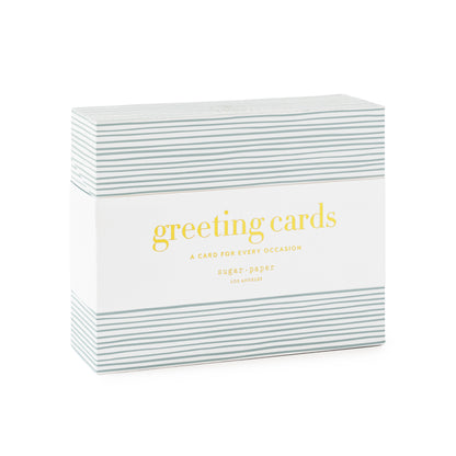 Box of assorted greeting cards - blue striped box with white band printed with 'greeting cards a card for every occasion'