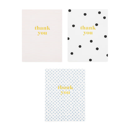 assorted thank you cards in black and white dot, pink and white stripe, and blue and white dot all foil printed with thank you in gold