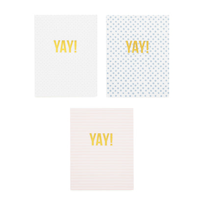 assorted yay cards in grey and white dot, blue and white dot and pink with white stripe all foil printed with yay! in gold foil