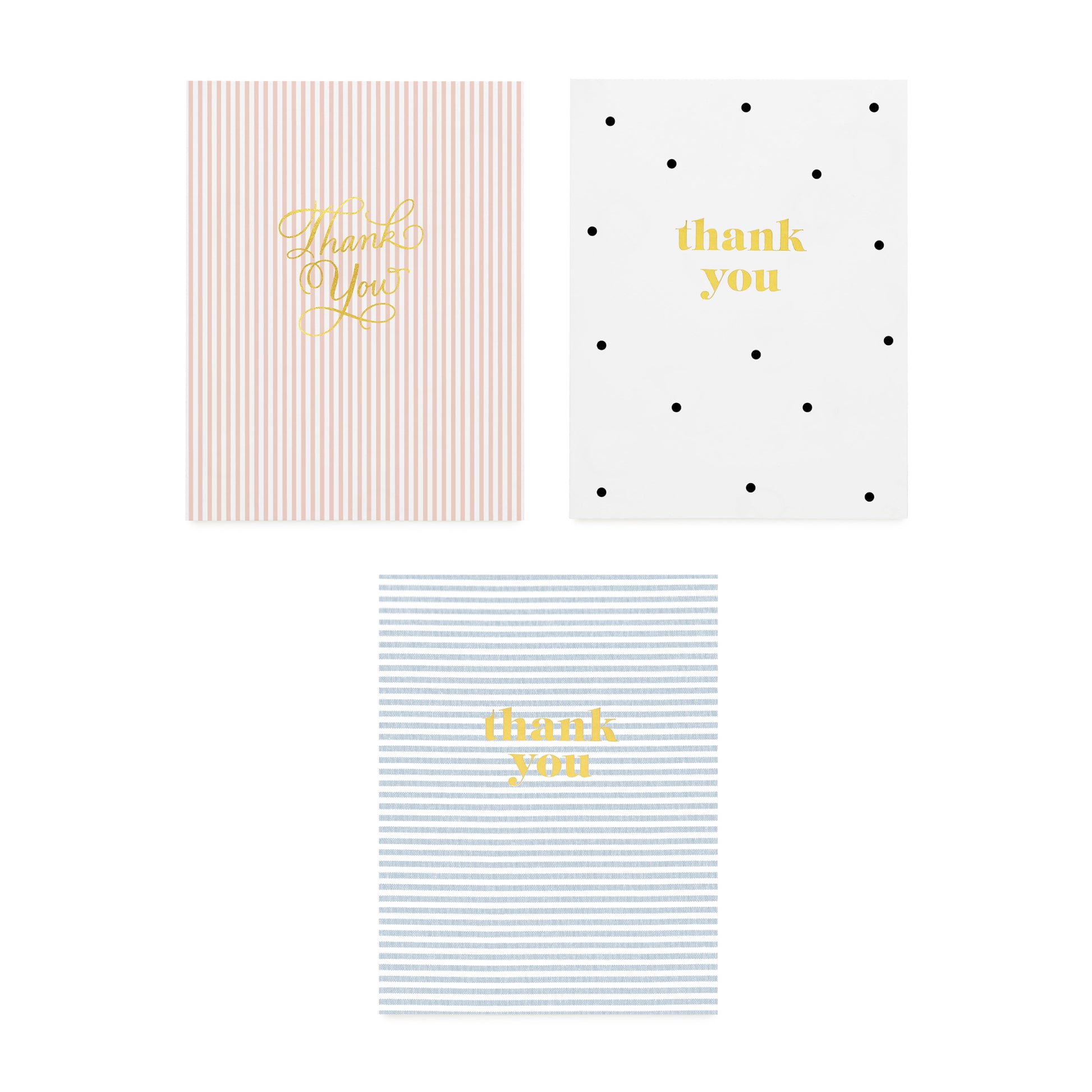 assorted thank you cards in black and white dot, pink and white stripe, and blue and white stripe all foil printed with thank you in gold