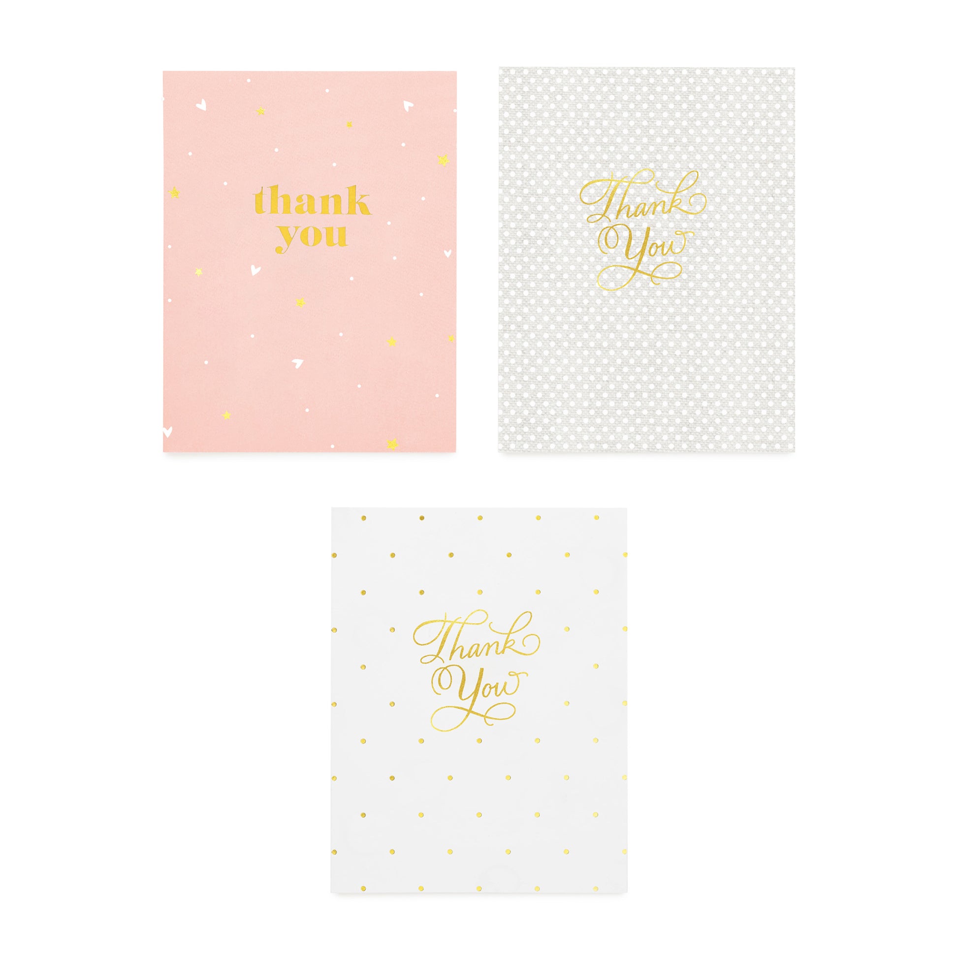 assorted thank you cards in pink with white and gold stars, grey and white dot, and white and gold dot all foil printed with thank you in gold