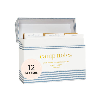 Blue and white stripe camp note box open showing tabs of notes and envelopes, stamps and stickers, addresses, and noting 12 letters inside