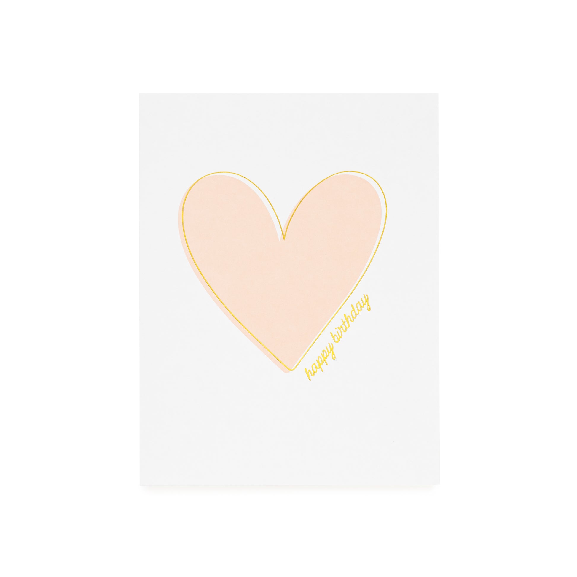 White greeting card with a pink heart and 'Happy Birthday' printed in gold foil
