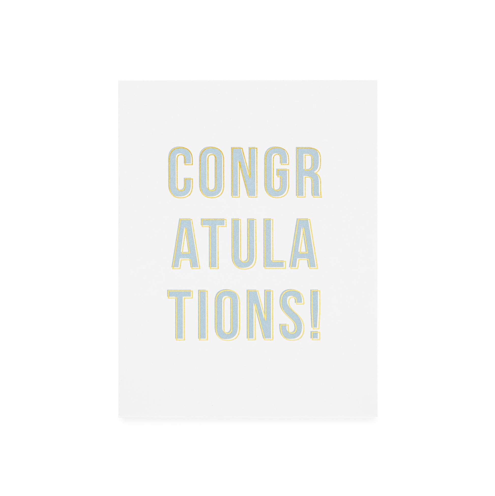 White card with 'CONGRATULATIONS!' in blue and gold foil
