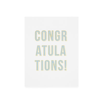 White card with 'CONGRATULATIONS!' in blue and gold foil