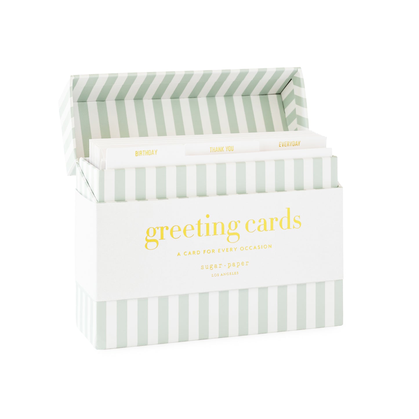 Box of greeting cards with green and white striped design on a white band printed with 'greeting cards a card for every occasion' and three box tabs with 'birthday,' 'thank you,' and 'everyday.'
