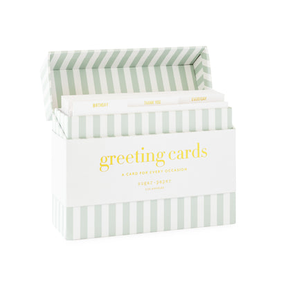 Box of greeting cards with green and white striped design on a white band printed with 'greeting cards a card for every occasion' and three box tabs with 'birthday,' 'thank you,' and 'everyday.'