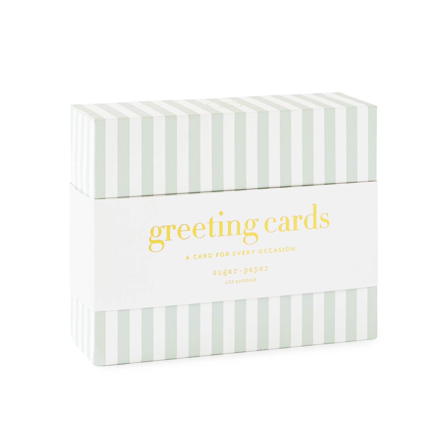 Box of greeting cards with green and white striped pattern and a white band printed with 'greeting cards a card for every occasion.'