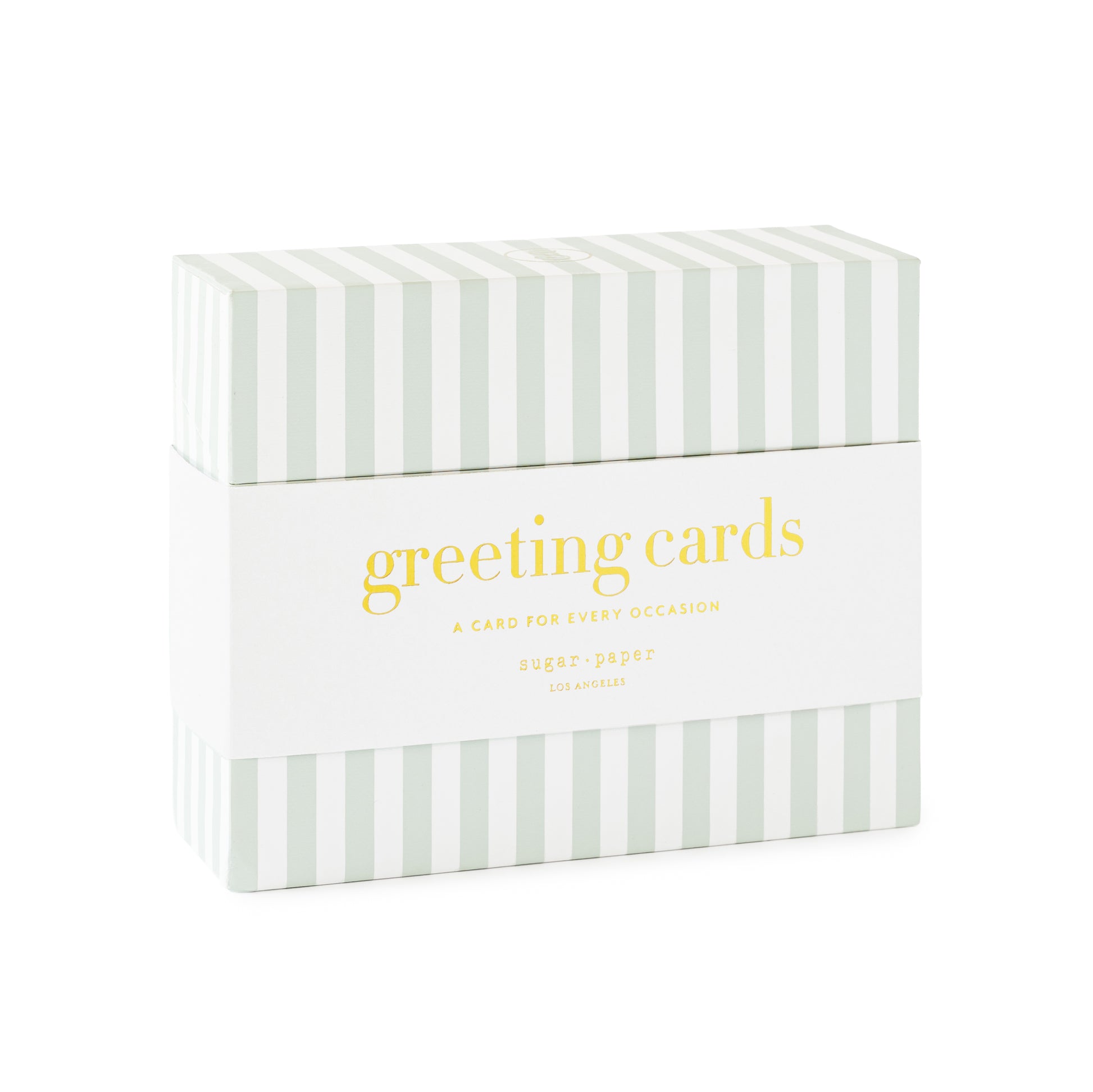 Box of greeting cards with green and white striped pattern and a white band printed with 'greeting cards a card for every occasion.'