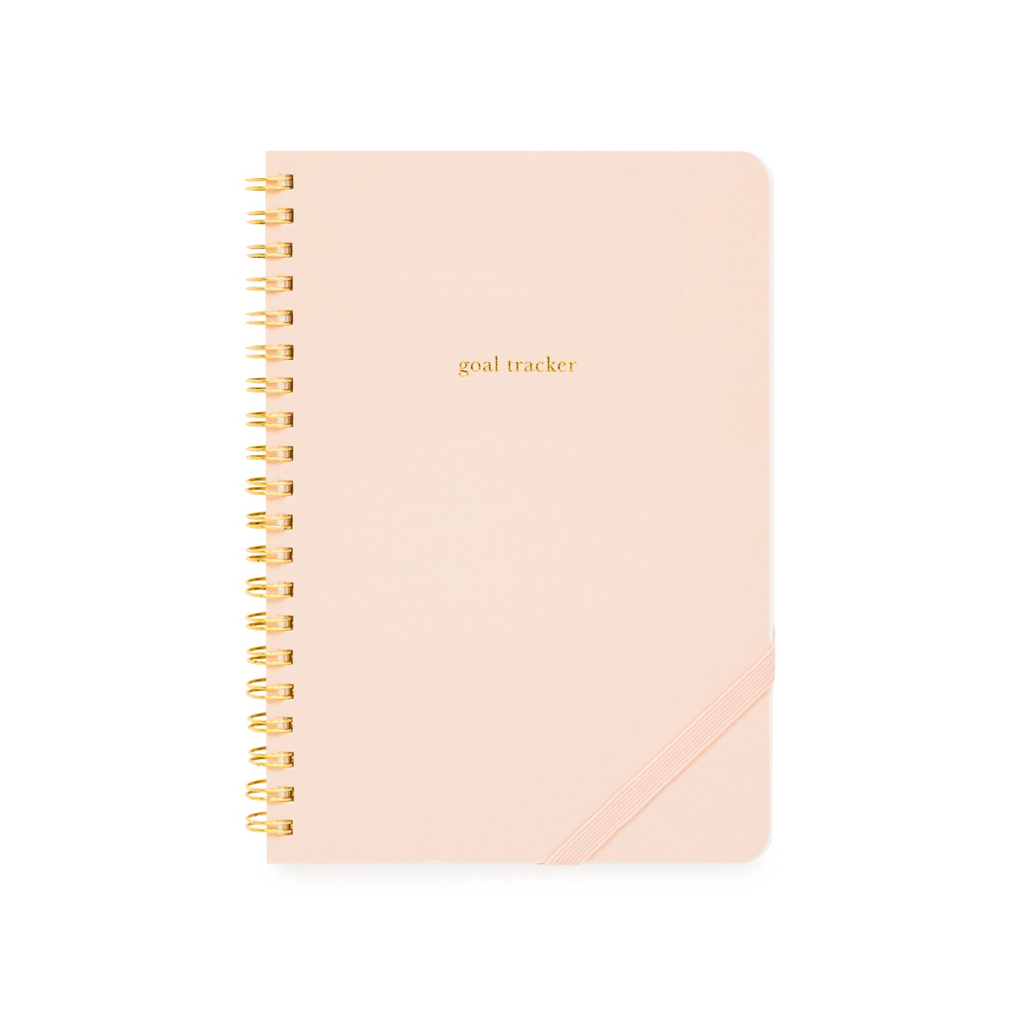 Pink goal tracker spiral notebook with gold spiral binding and a pink elastic band