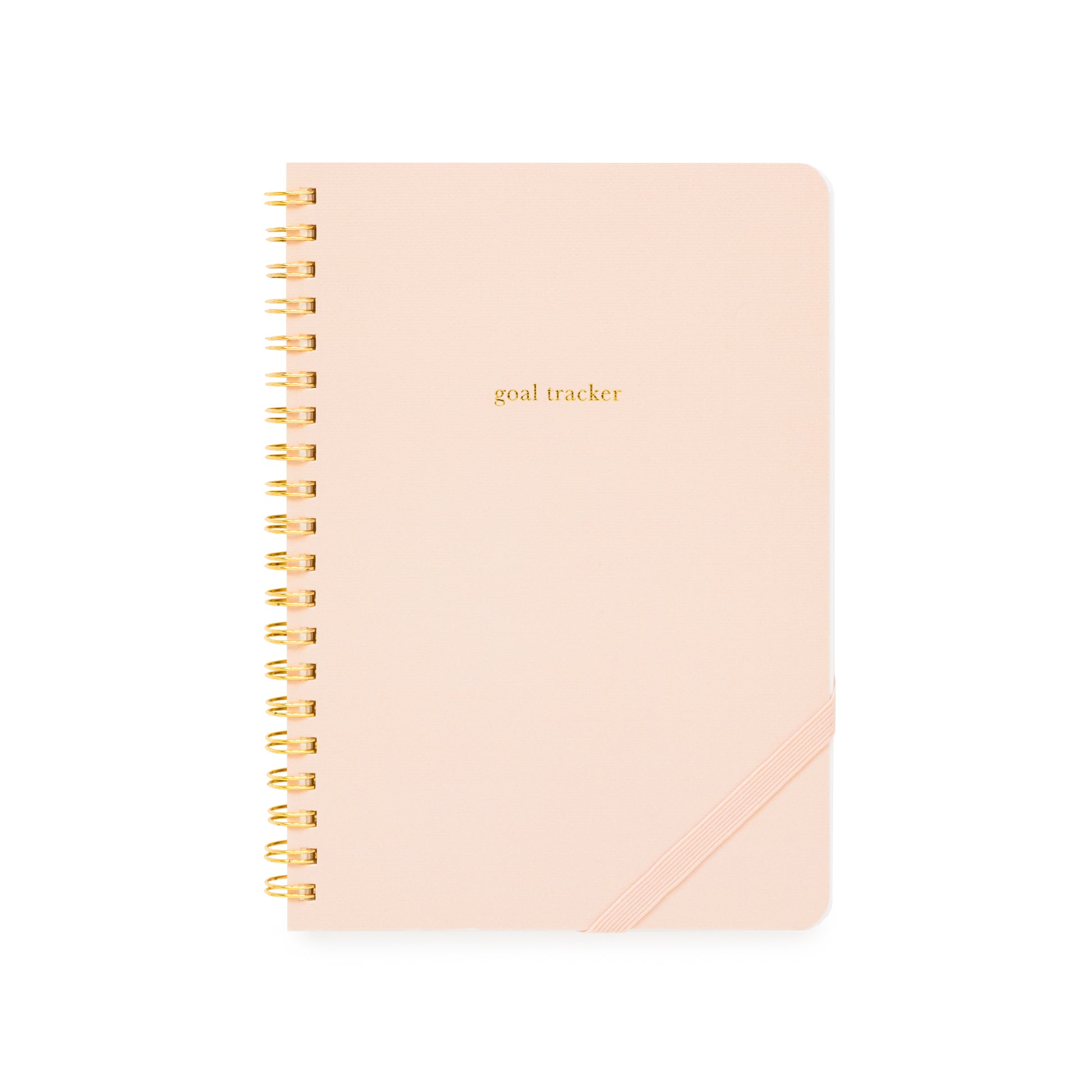 Pink goal tracker spiral notebook with gold spiral binding and a pink elastic band