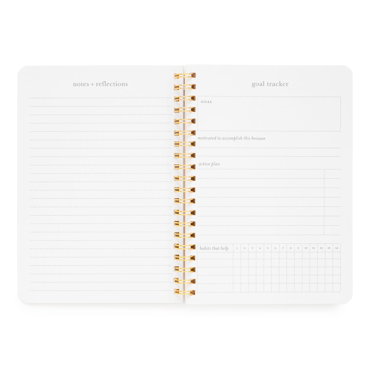 Interior of goal tracker spiral notebook with space for "notes and reflections" and goal tracker with "goal, motivated to accomplish this because, action plan and habits that help" sections.