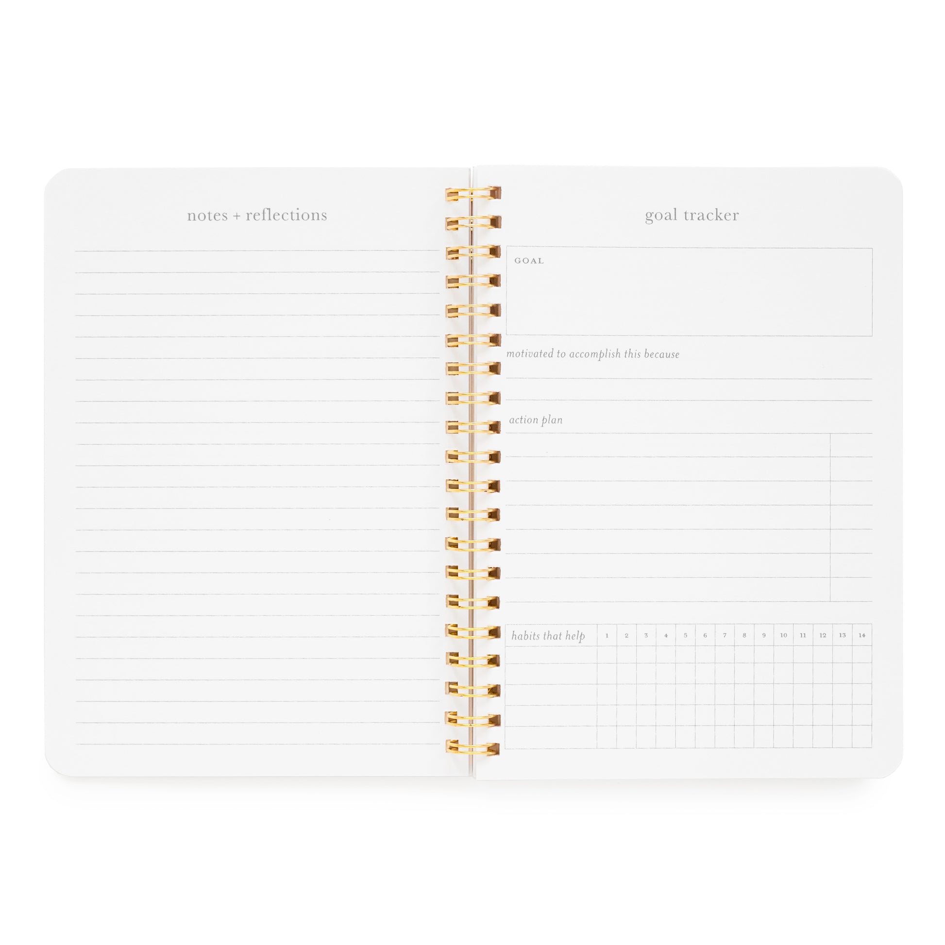 Interior of goal tracker spiral notebook with space for "notes and reflections" and goal tracker with "goal, motivated to accomplish this because, action plan and habits that help" sections.