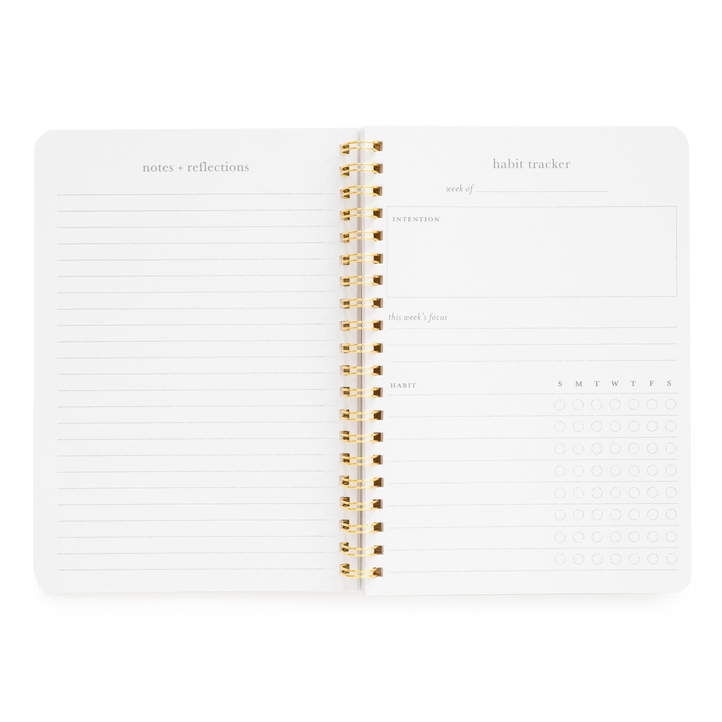 Interior of habit tracker spiral notebook with "notes and reflections" page and "habit tracker" goals with space for "intention," "this week's focus" and space to write habit and mark off for each day of the week