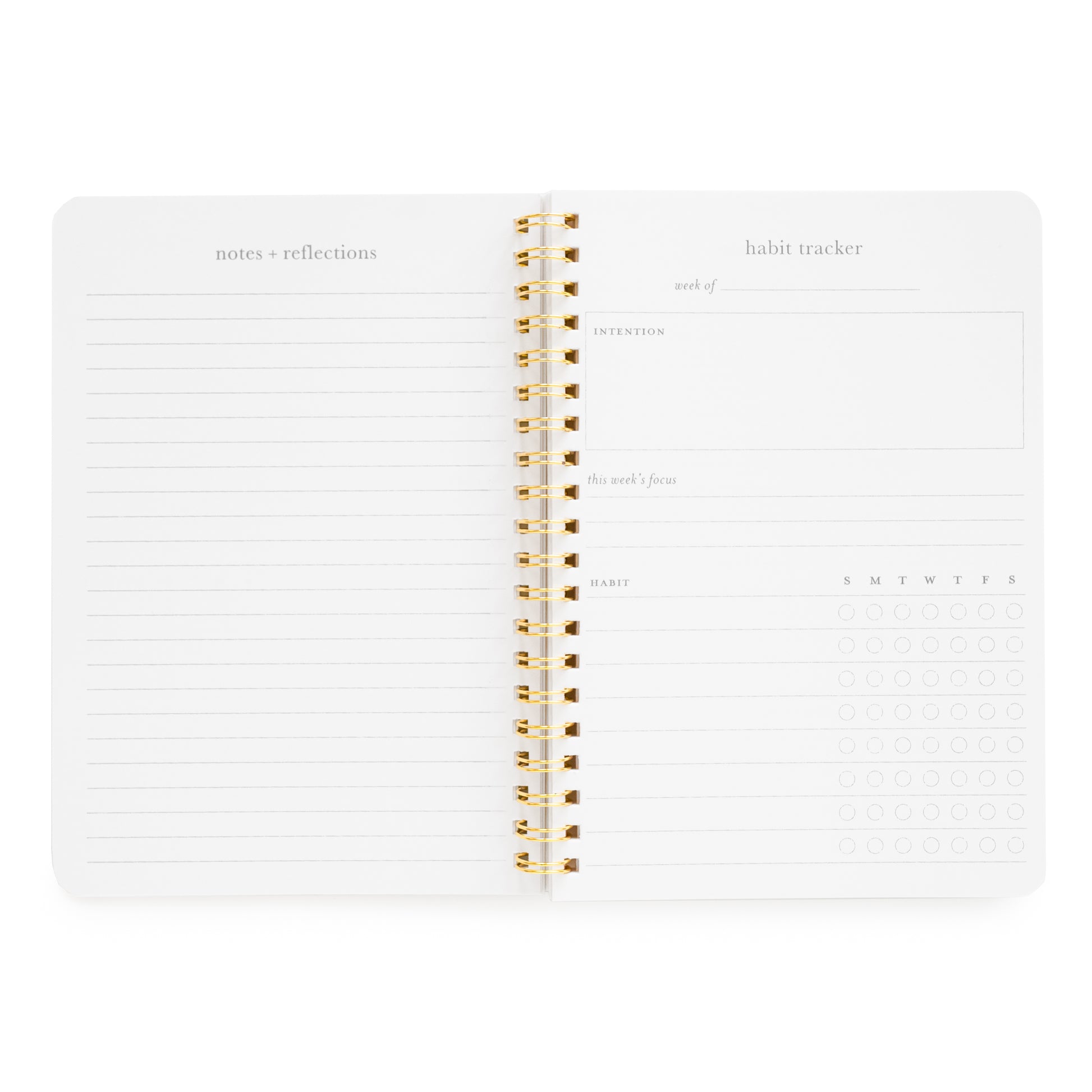 Interior of habit tracker spiral notebook with "notes and reflections" page and "habit tracker" goals with space for "intention," "this week's focus" and space to write habit and mark off for each day of the week