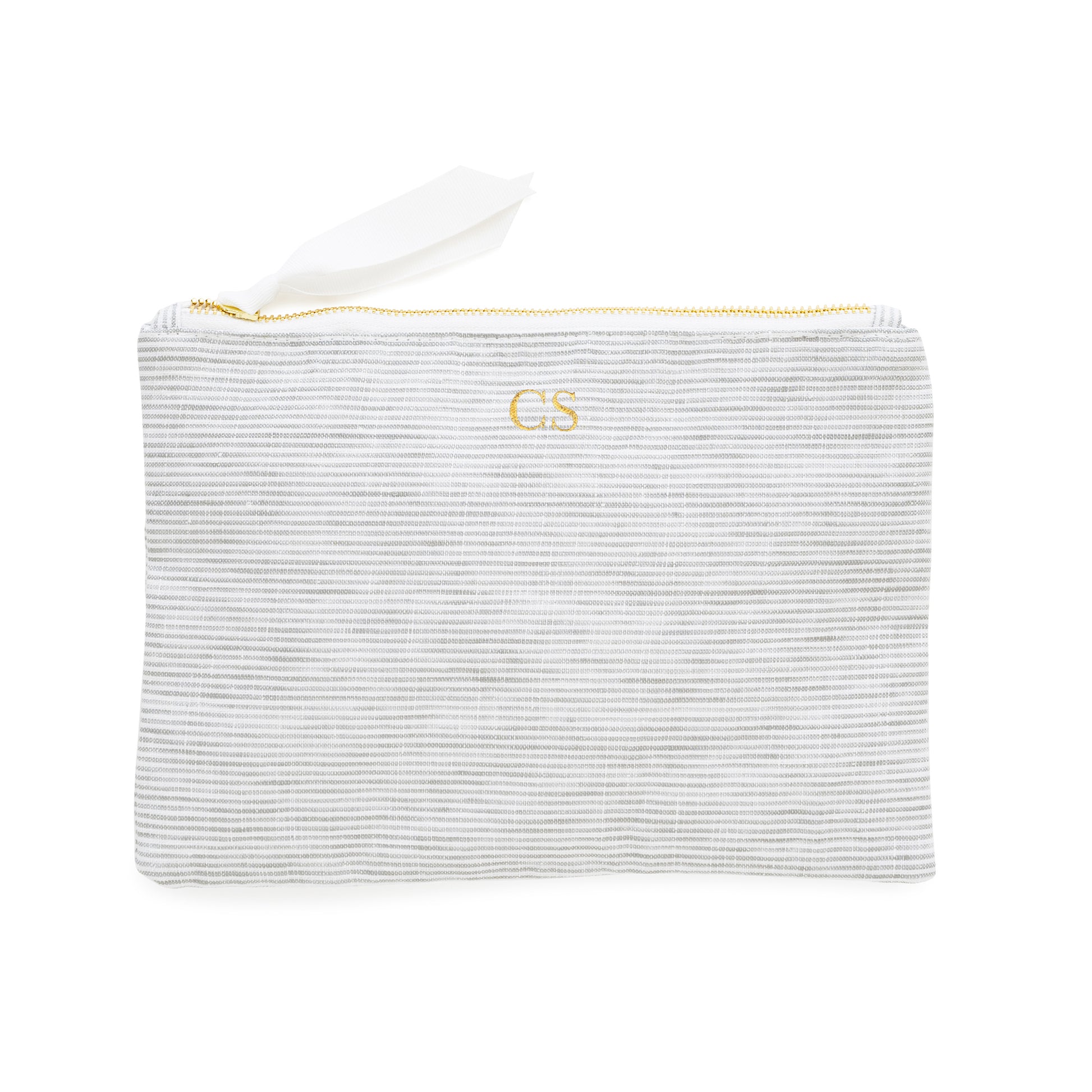 grey and white stripe zippered pouch with gold foil initials