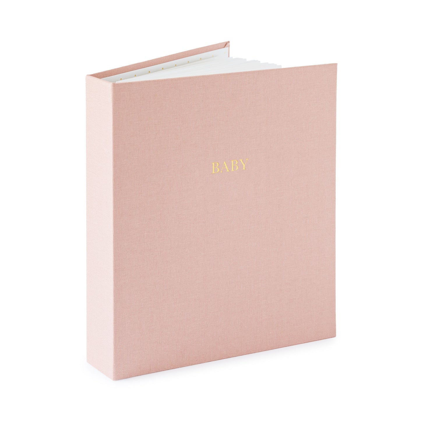 rose fabric baby book book open standing up foil stamped with baby in gold on the cover