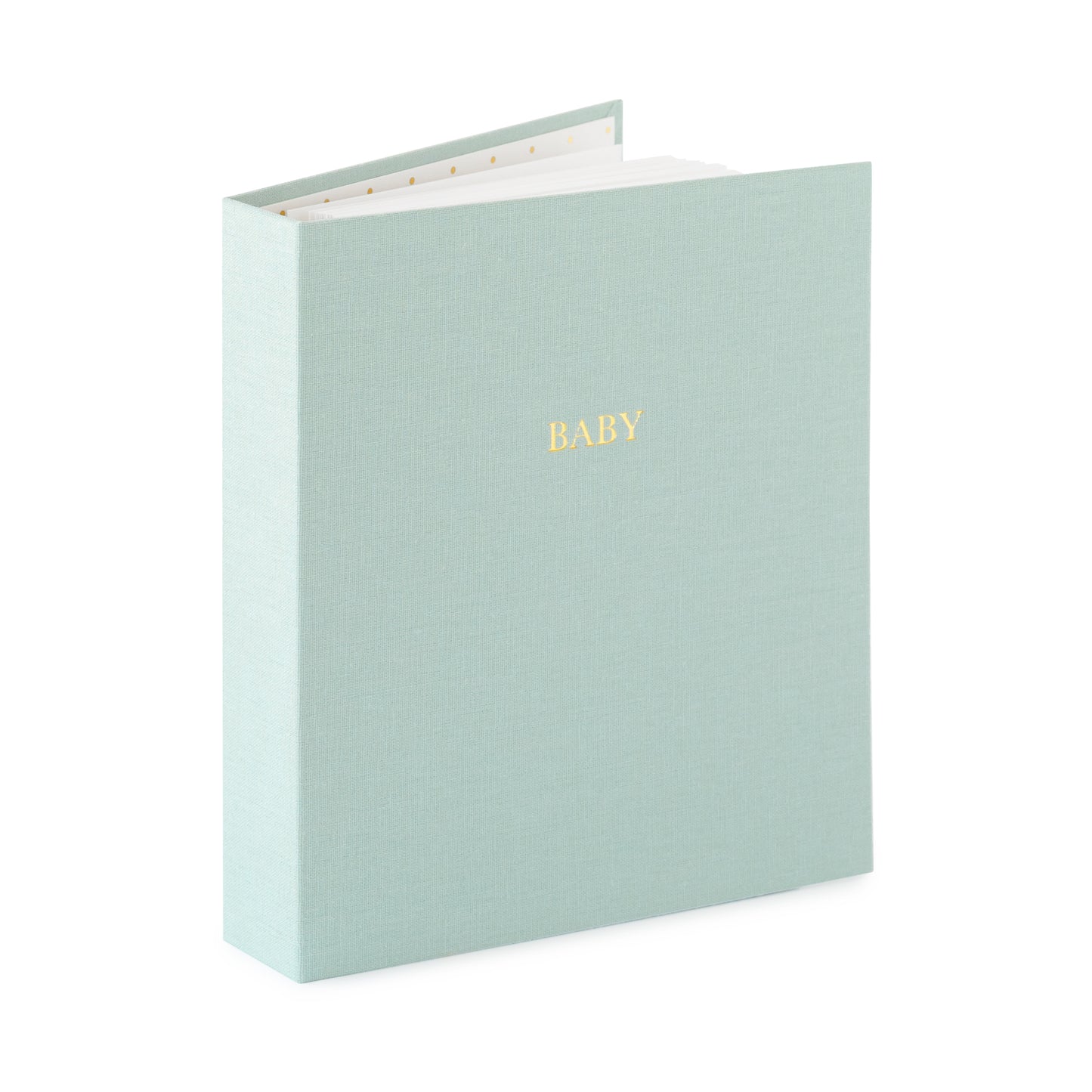 misty green fabric baby book book open standing up foil stamped with baby in gold on the cover