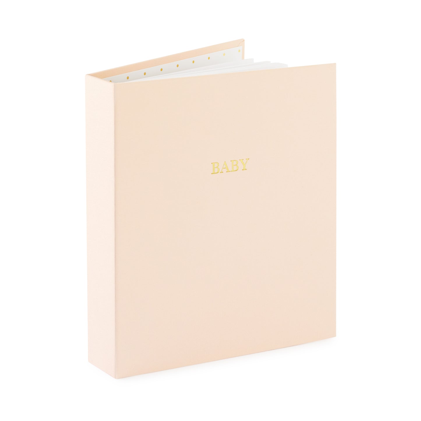 pink fabric baby book book open standing up foil stamped with baby in gold on the cover
