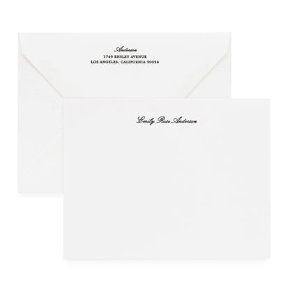 white custom stationery flat notecard with black letterpress ink with a name printed in formal script font