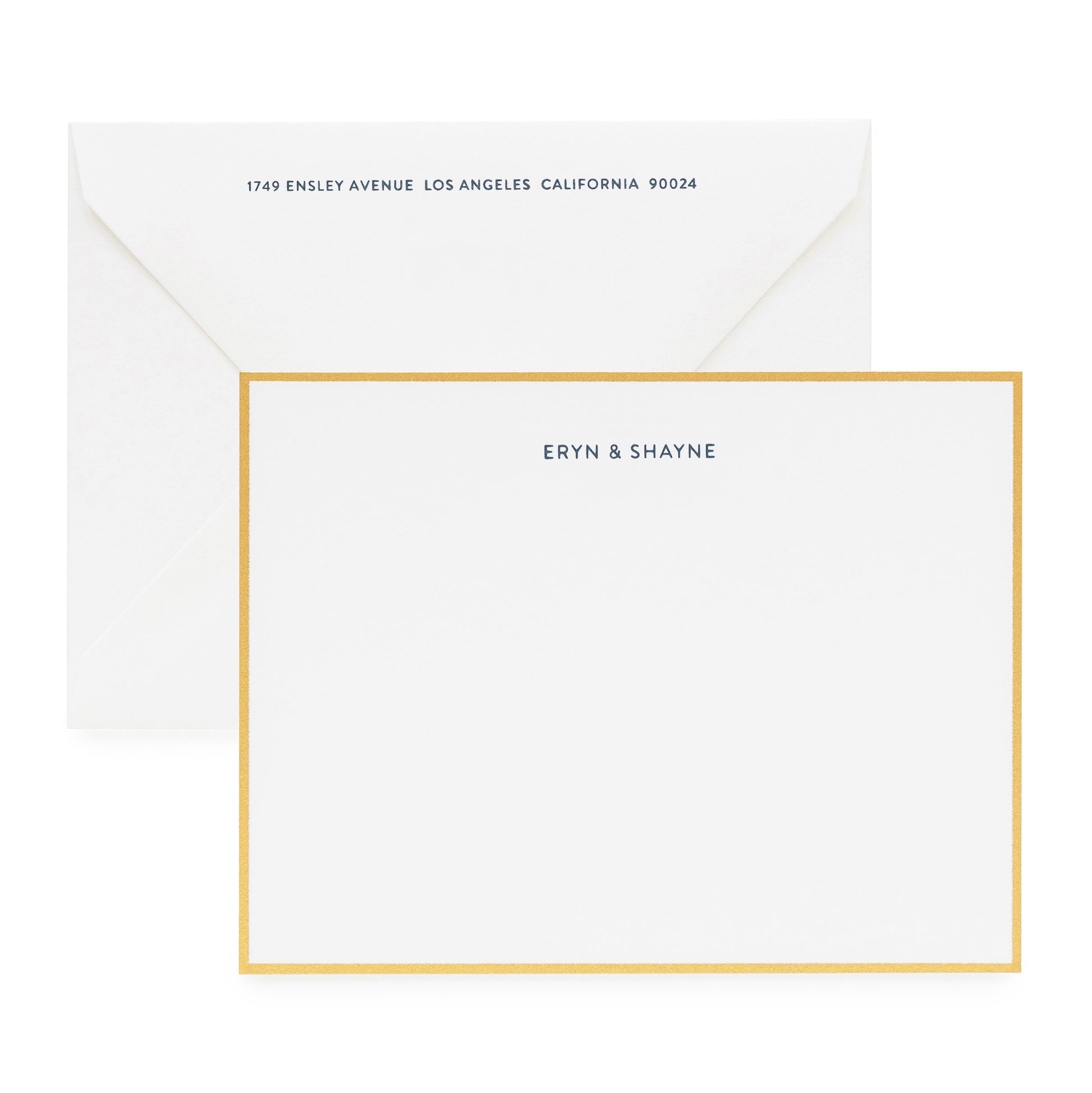 Navy blue eryn and shayne custom stationery with a gold border