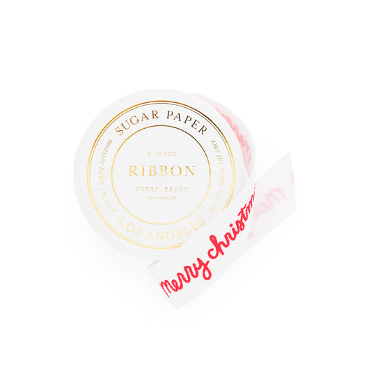 Pack of Sugar Paper ribbon with 'Merry Christmas' text on a white ribbon