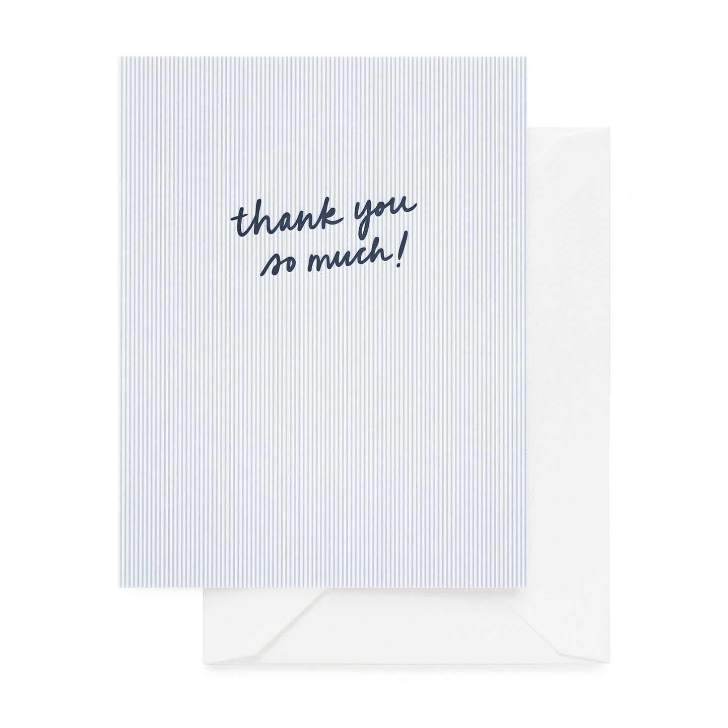 Blue striped greeting card with 'thank you so much!' in navy ink text paired with a white envelope