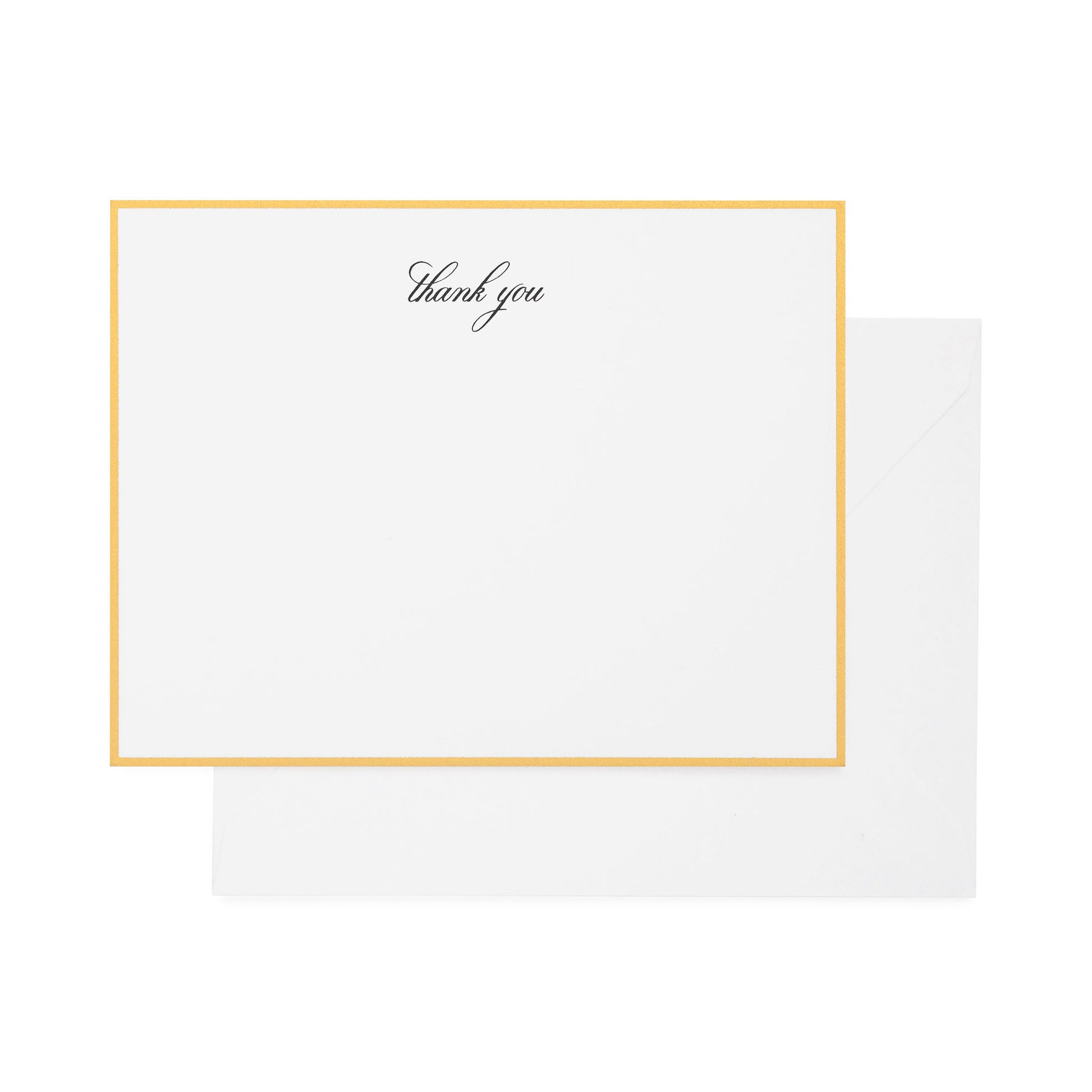 white card with black thank you text and gold border, white envelope